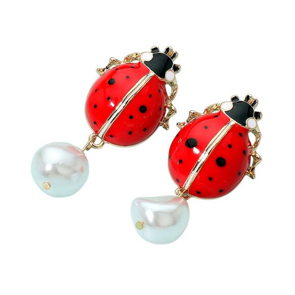 NEW Bold Pearl Drop Ladybug Red Statement Earrings - Picture 6 of 6